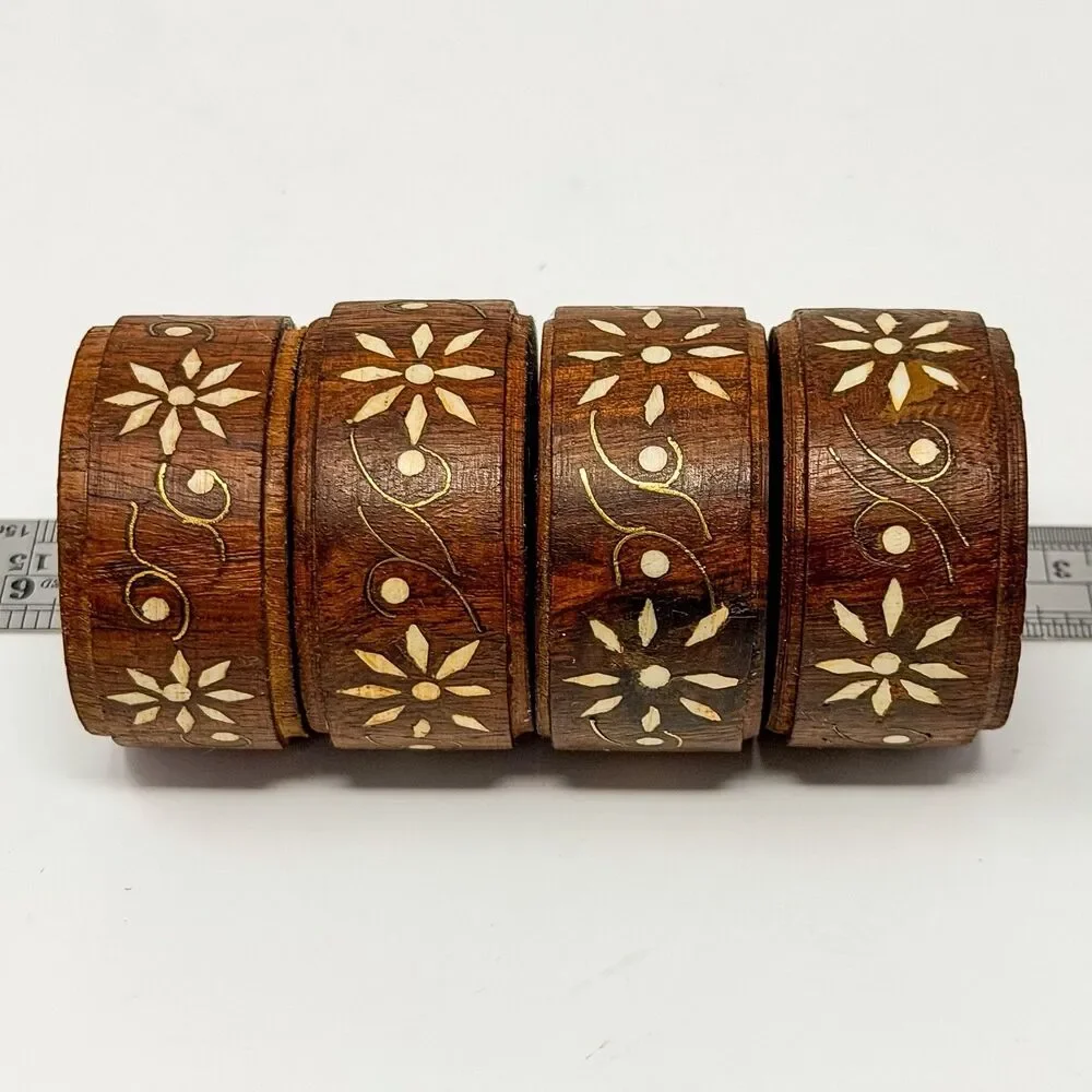 Vintage Wooden Flower Inlay Made In India Napkin Rings Set Of Four